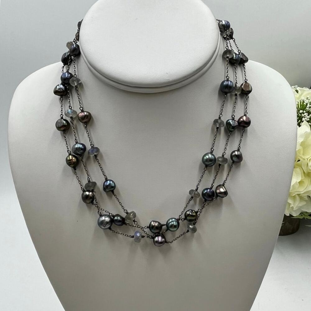 Sterling Silver Triple Strand
Gray‎ Baroque Pearl and Labradorite
Necklace 16”